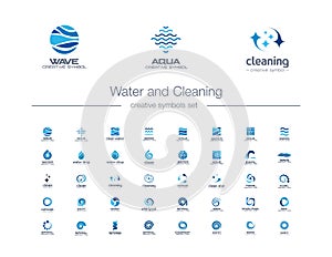 Water drops, waves and Cleaning creative symbols set. Pure aqua, bio drink abstract business logo concept. Easy wash