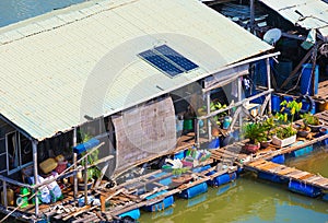 Water dwelling house at fish breeding farm in Vietnam