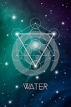 Water element symbol inside Metatron Cube and Flower of Life in front of outer space cosmic background. Sacred geometry