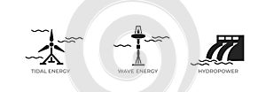 Water energy icon set. tidal, wave and hydroelectric power plant. eco, alternative and renewable energy symbol