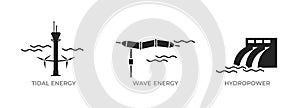 Water energy icon set. tidal, wave and hydroelectric power plant. environment, sustainable and renewable energy symbol