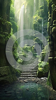 Water Falls Front Of Stone Steps Path Surrounded By Rain Forest Selective Focus Background