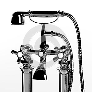 Water faucet with a shower on a white background.