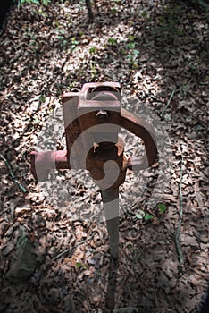 A water faucet standing alone in the forest park.