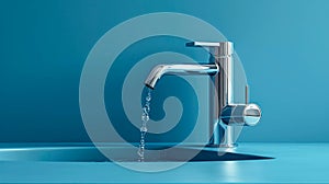 Water faucet with water drop on blue