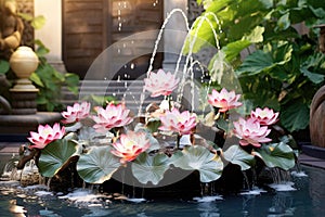 a water feature with floating lotus flowers in a patio setting