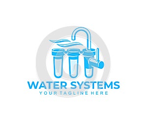 Water filter, drinking water systems and water treatment, logo design. Filtering, filtration or purification, plumbing, water tap,