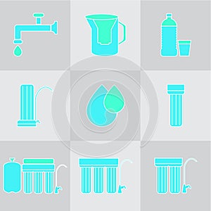 Water filter icon set. Drink and home water purification filters. Different tap filtration systems for water treatment.