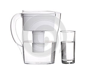 Water filter jug with glass of clean water isolated on white