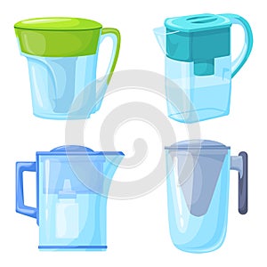 Water filter jug. Pitcher filters with active bio carbon, healthcare glass decanter for pouring filtered clean liquid in