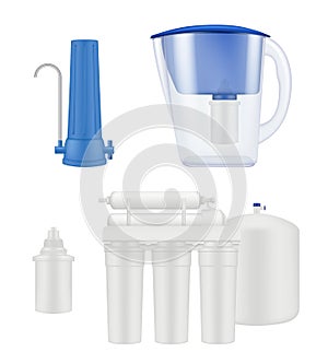 Water filter. Kitchen treatment aqua purification liquid filtration systems vector realistic template