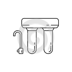 Water filter line icon. Black simple illustration of two cartridge device with tap.