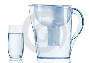 Water filter pitcher. Clear plastic glass jug. Water filtration system. Cleaner great tasting water.