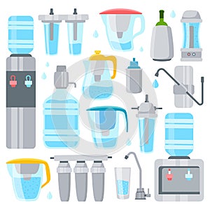 Water filters flat icons set. Special system for cleaning water. Household service. Cooler for hot and cold water