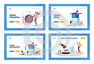 Water Filtration Landing Page Template Set. Tiny Characters Install Membrane in Huge Aqua Filter Jug for Cleaning Liquid