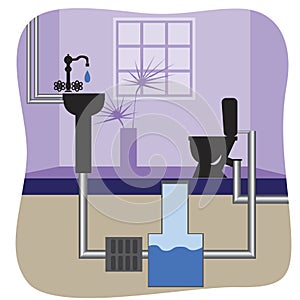 Water filtration pipeline as a concept of water saving, sewage reuse, eco water pipe, flat vector stock illustration with toilet