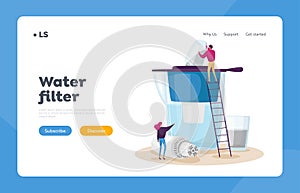 Water Filtration, Purification Landing Page Template. Tiny Male and Female Characters Installing Huge Aqua Filter