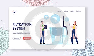 Water Filtration, Purification Landing Page Template. Tiny Scientists Learn Water in Test Tube near Huge Aqua Filter