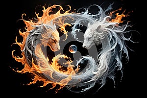 water and fire, Yin Yang sign, isolated on a black background