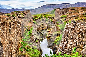 Water in a fissure between tectonic plates in the Thingvellir National Park, Iceland