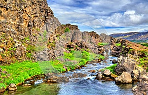 Water in a fissure between tectonic plates in the Thingvellir National Park, Iceland photo