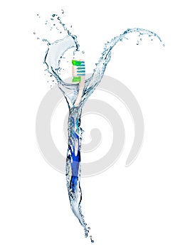 Water flow envelops toothbrush isolated background
