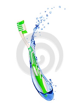 Water flow envelops toothbrush isolated on white background