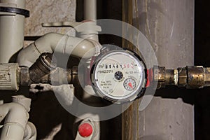 Water flow meter. Several cubic meters on the screen