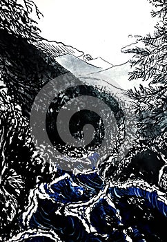 Water flow river ink illustration