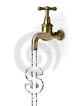 Water flow from water tap or faucet forming dollar sign on white - water cost or waste concept