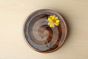 Water with flower in bowl on wooden table, top view