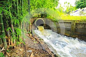 Water flowing from a drain pipe into a river