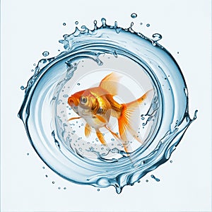 Water flowing and form a round frame around a goldfish