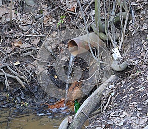 Water is flowing from an old rusty sewer pipe sticking out of the ground