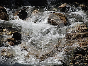 Water flowing and splashing over rocks in a mountain river stream