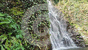 Water flows in the famous Mirveti Waterfall,