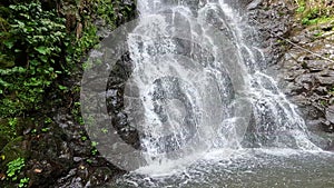 Water flows in the famous Mirveti Waterfall,