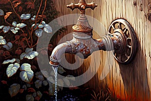 water flows from old garden tap painted with brown paint