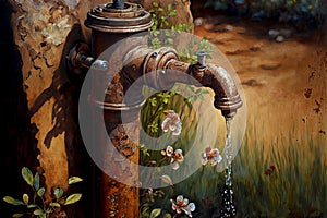 water flows from old garden tap painted with brown paint