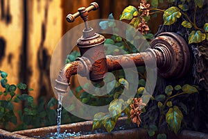 water flows from old garden tap painted with brown paint