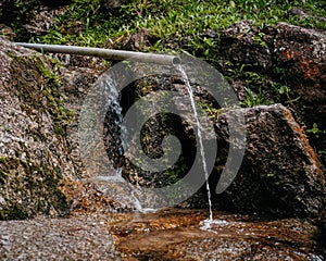 water flows from a pipe into a river against the backdrop of nature. The concept of nature pollution, the release of waste into