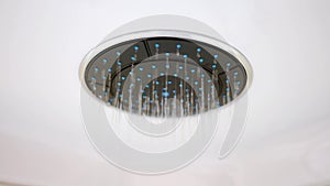 Water flows from a round shower head. The concept of luxury sanitary ware in the bathroom, comfort, modern design.