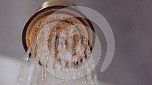 Water Flows From The Shower, Close-Up.Shower Head, Water Flowing, Steam Rising, Shower