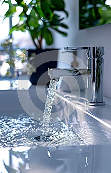 Water flows from the tap in the bathroom