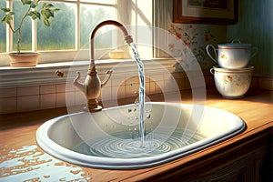 water flows from tap and fills white mortise sink in kitchen to top