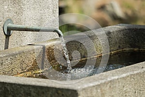 Water flows from a tap at the stone fountain