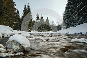 Water flows in winter forest river, stones covered with snow, trees on both sides, mount Krivan Slovak symbol peak in distance