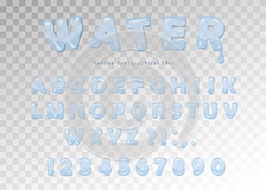 Water font design. Transparent glossy ABC letters and numbers. Vector.