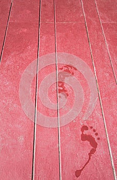Water footprint on maroon wooden floor
