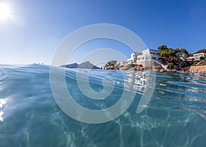 Water foreground with turquoise clear water of the Mediterranean Sea on the tourist resort of Sant Elm, Mallorca, Spain